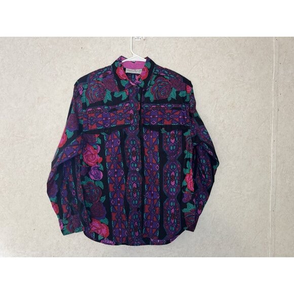 ADOBE ROSE Vtg Purple Floral Button Shirt Western Rodeo Aztec Rockabilly LARGE - Picture 2 of 12